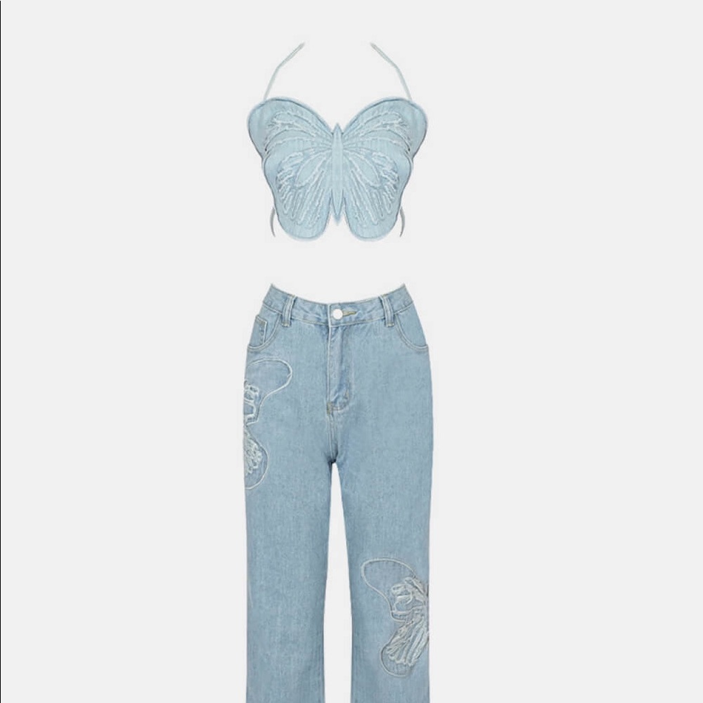 Butterfly Halter Neck Denim Top and Jeans Set